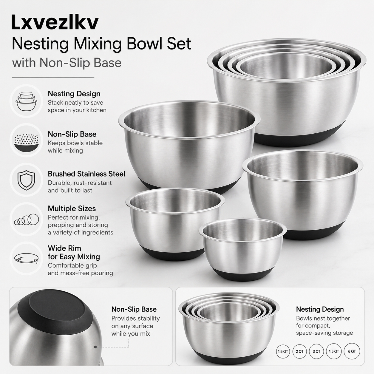 Lxvezlkv Nesting Mixing Bowl Set with Non-Slip Base